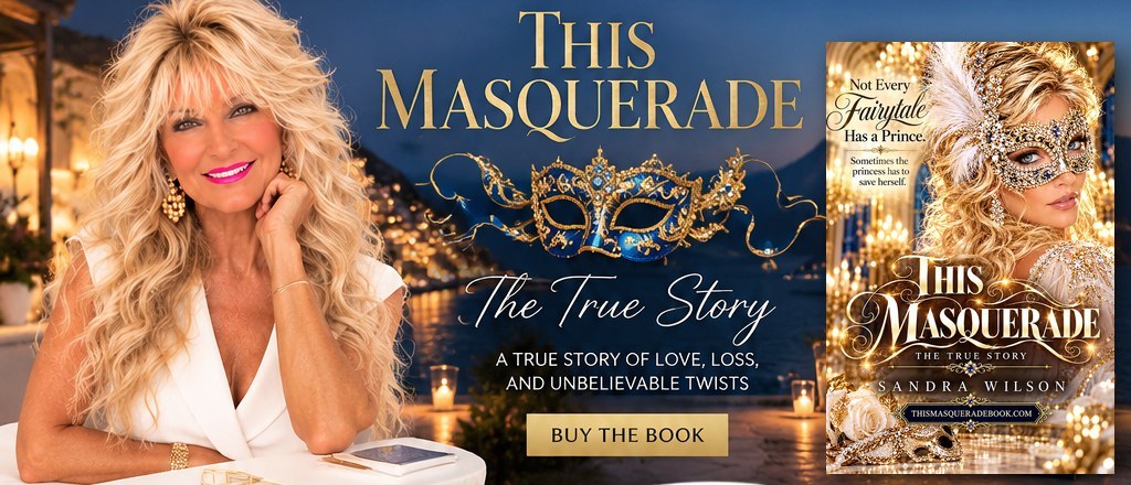 Sandra Wilson by candlelight beside the book This Masquerade, The True Story: a true story of love, loss, and unbelievable twists. Buy the book.