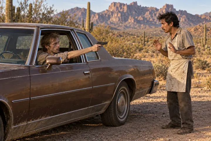 A man in a car points a gun at a frightened dishwasher on a desert road