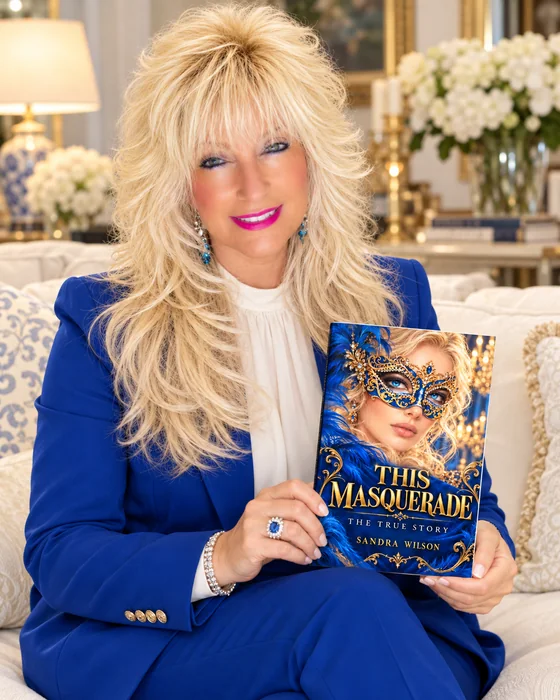 Sandra Wilson holding her book This Masquerade, The True Story