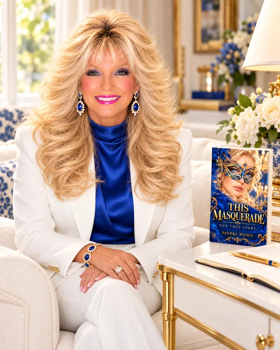 Sandra Wilson in a white suit at her writing desk with her book This Masquerade, The True Story