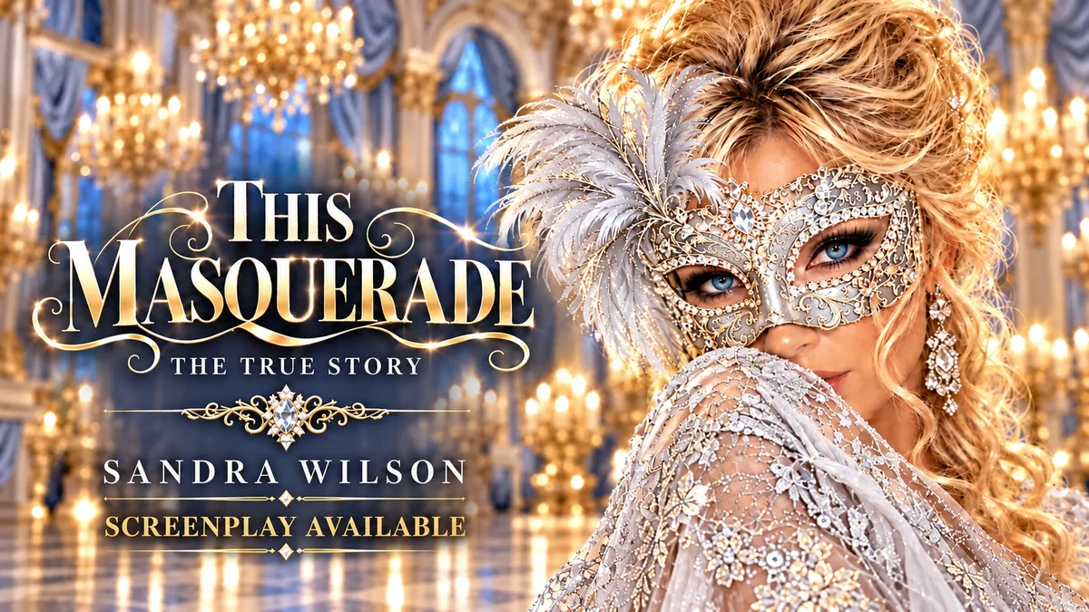 This Masquerade by Sandra Wilson, screenplay available: a woman in a jeweled silver and white masquerade mask in a candlelit ballroom