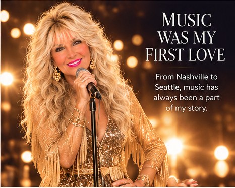 Sandra Wilson singing on stage in a gold fringe outfit: Music Was My First Love. From Nashville to Seattle, music has always been a part of my story.