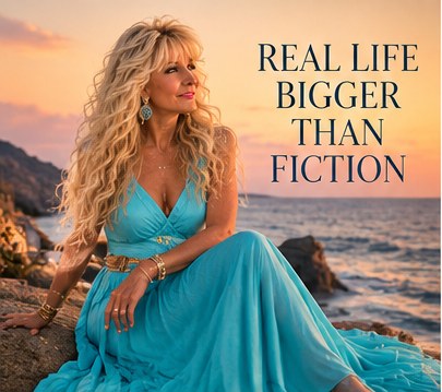 Sandra Wilson in a turquoise gown by the sea at sunset: Real Life Bigger Than Fiction